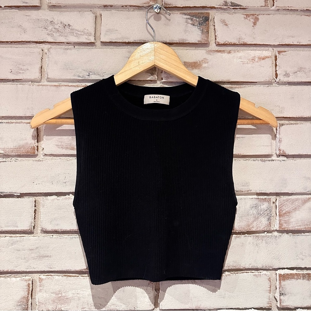 Babaton Rory Sculpt Knit Black Ribbed Sleeveless Crop Top